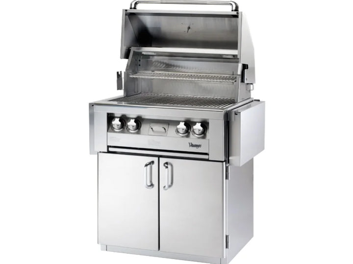 Vintage Grills 30-Inch Freestanding Gas Grill (VBQ30G) features dual burners, rotisserie system, smoking drawer, and premium stainless steel construction for outdoor culinary luxury.