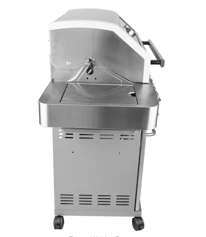 Monument Grills Classic Series 4-Burner Stainless Steel Gas Grill (35633) features stainless steel burners, integrated side sear station, clear-view glass lid, and LED backlit control knobs for professional-grade grilling performance.