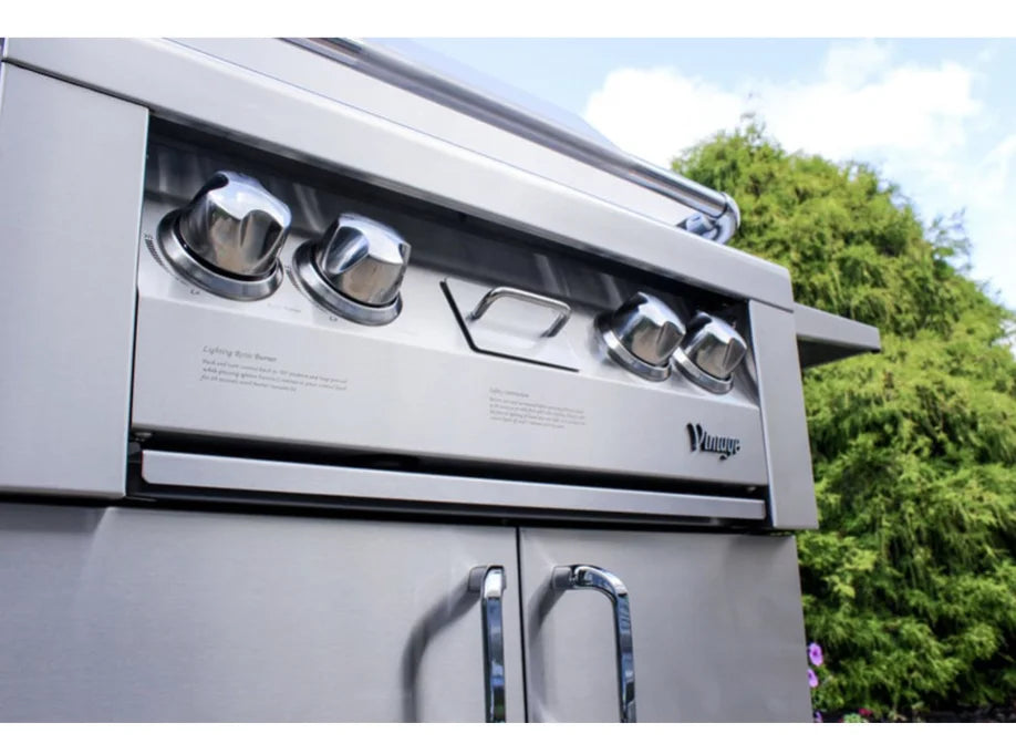 Vintage Grills 30-Inch Freestanding Gas Grill featuring dual burners, rotisserie system, smoking drawer, and premium #304 stainless steel construction for gourmet outdoor cooking performance.