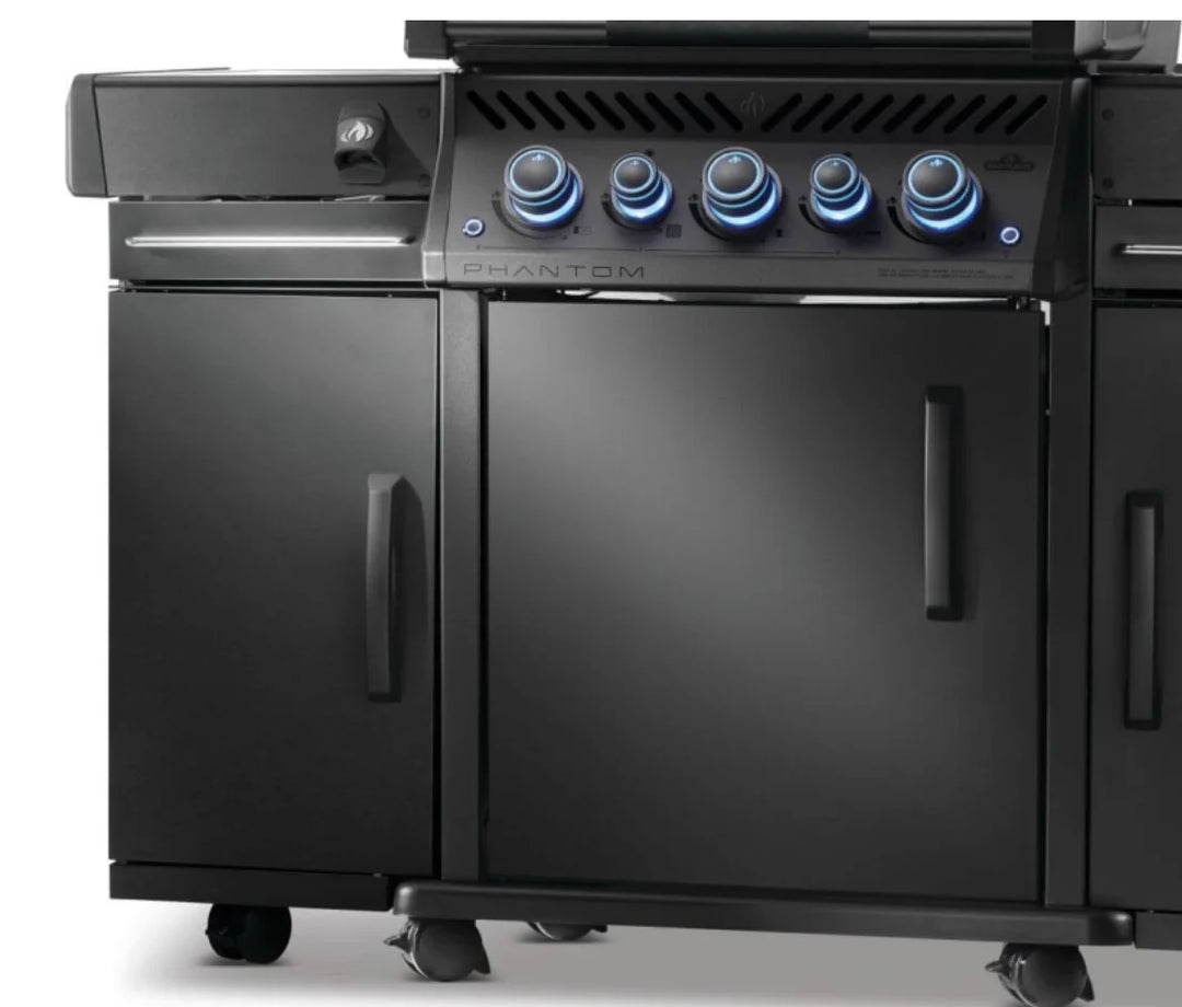 Napoleon Rogue PRO-S Under Grill Storage Cart in sleek matte black finish, featuring premium stainless steel construction, top drawer, reversible orientation, and locking caster wheels.