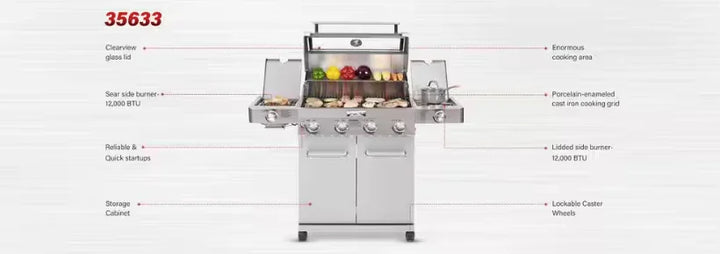 Monument Grills Classic Series 35633 Stainless Steel 4-Burner Gas Grill - High-performance propane grill with four stainless steel burners, 72,000 BTU heat output, and expansive 723 sq in cooking space for large gatherings.