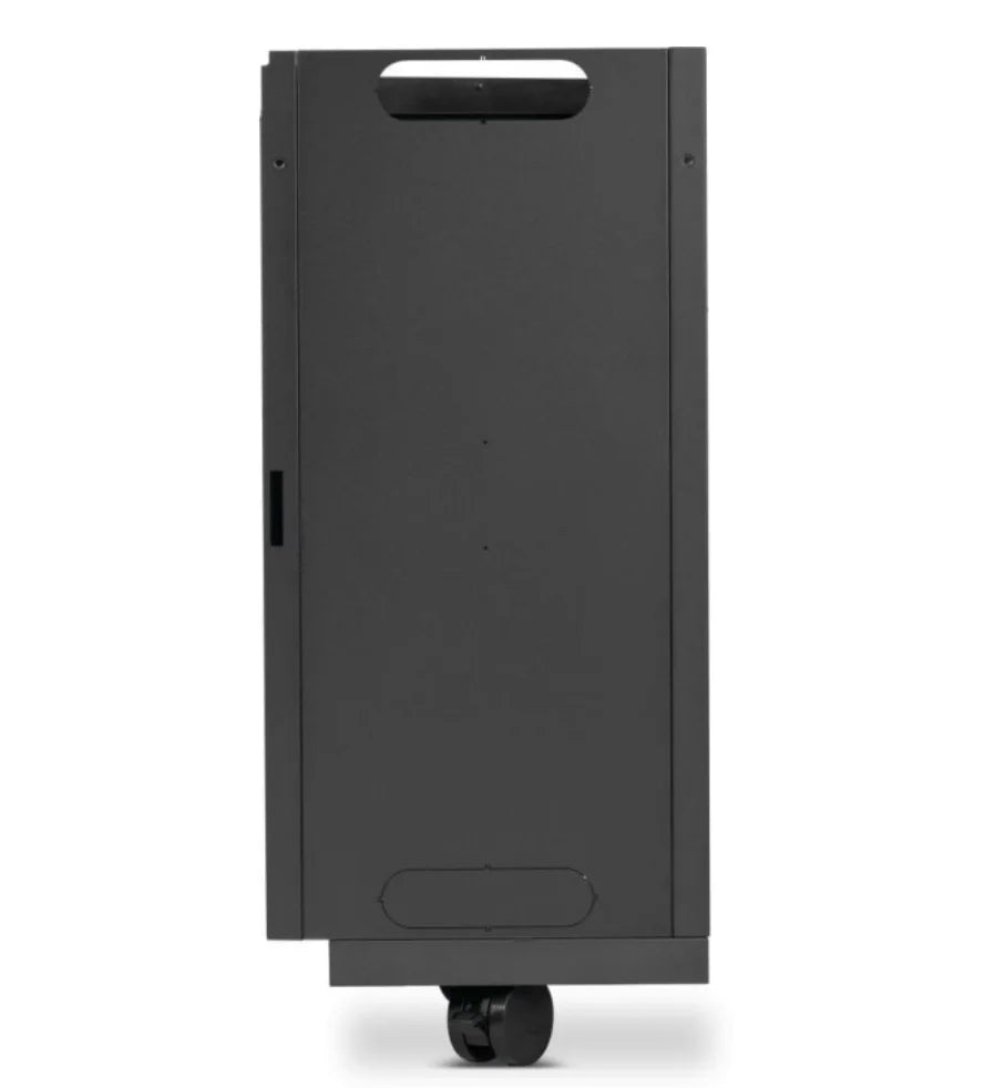 Napoleon Rogue PRO-S Under Grill Storage Cart in sleek matte black exterior with premium stainless steel cabinet, smooth-rolling locking caster wheels, top drawer, integrated storage divider and tool hooks.
