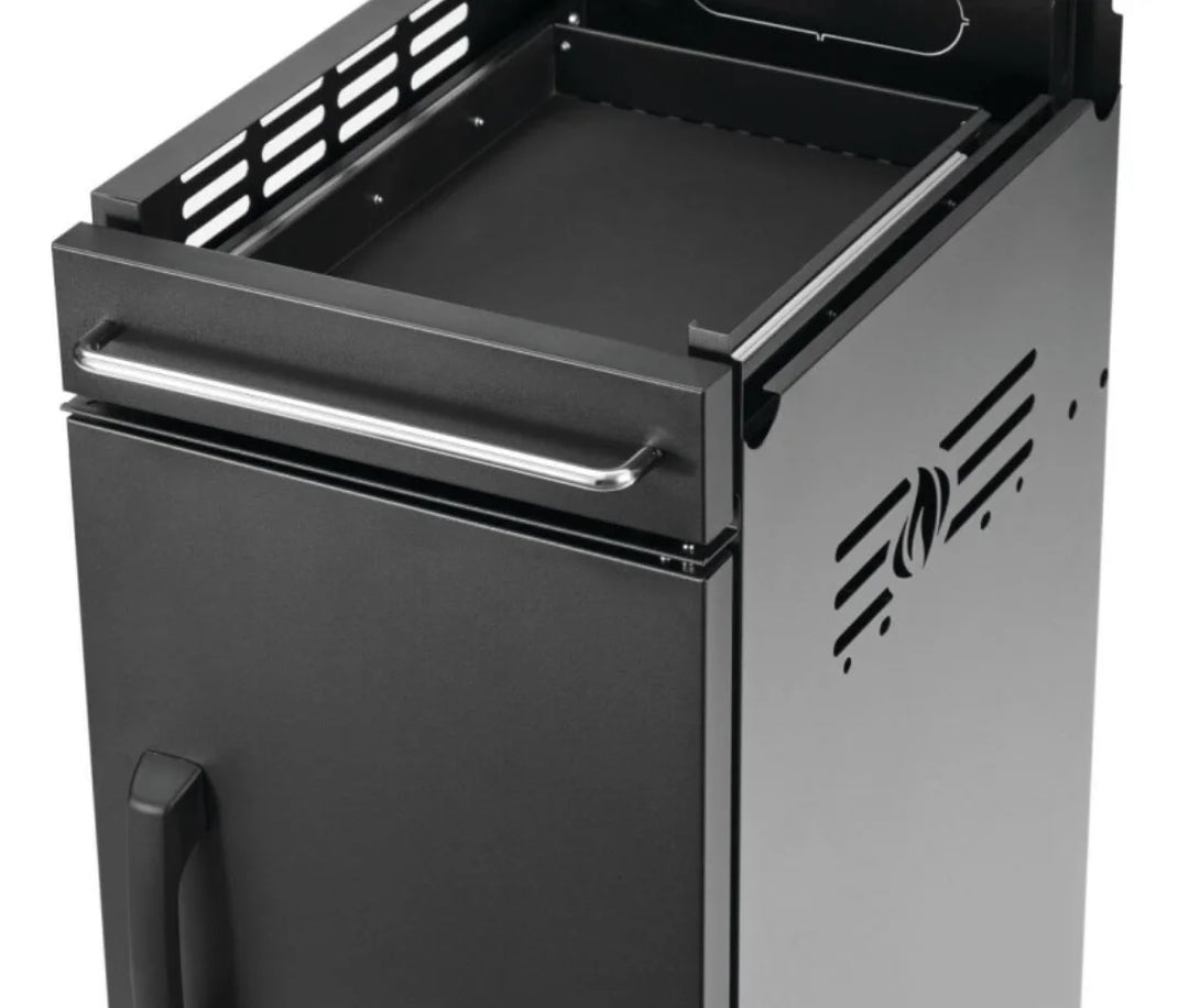 Napoleon Rogue PRO-S Under Grill Storage Cart - Sleek matte black stainless steel cabinet with integrated storage divider, tool hooks, and top drawer for organized grilling essentials.