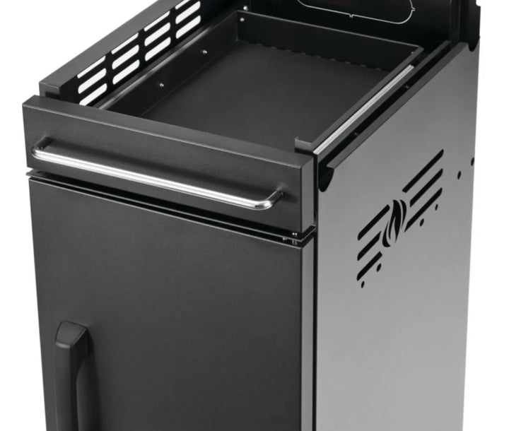 Napoleon Rogue PRO-S Under Grill Storage Cart - Sleek matte black stainless steel cabinet with integrated storage divider, tool hooks, and top drawer for organized grilling essentials.