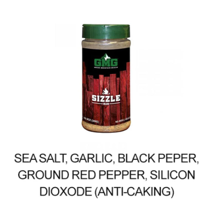 Sizzle Blend Dry Rub by Green Mountain Grills - A savory blend of sea salt, garlic, black pepper, and red pepper in a convenient shaker container for bold flavor enhancement on grilled meats and vegetables.