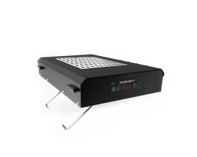 Green Mountain Grills SideBURN for Ledge/PEAK Prime 2.0 Pellet Grill, high-heat side sear station with infrared electric technology and glass tube quartz heating coils for intense, radiant heat.