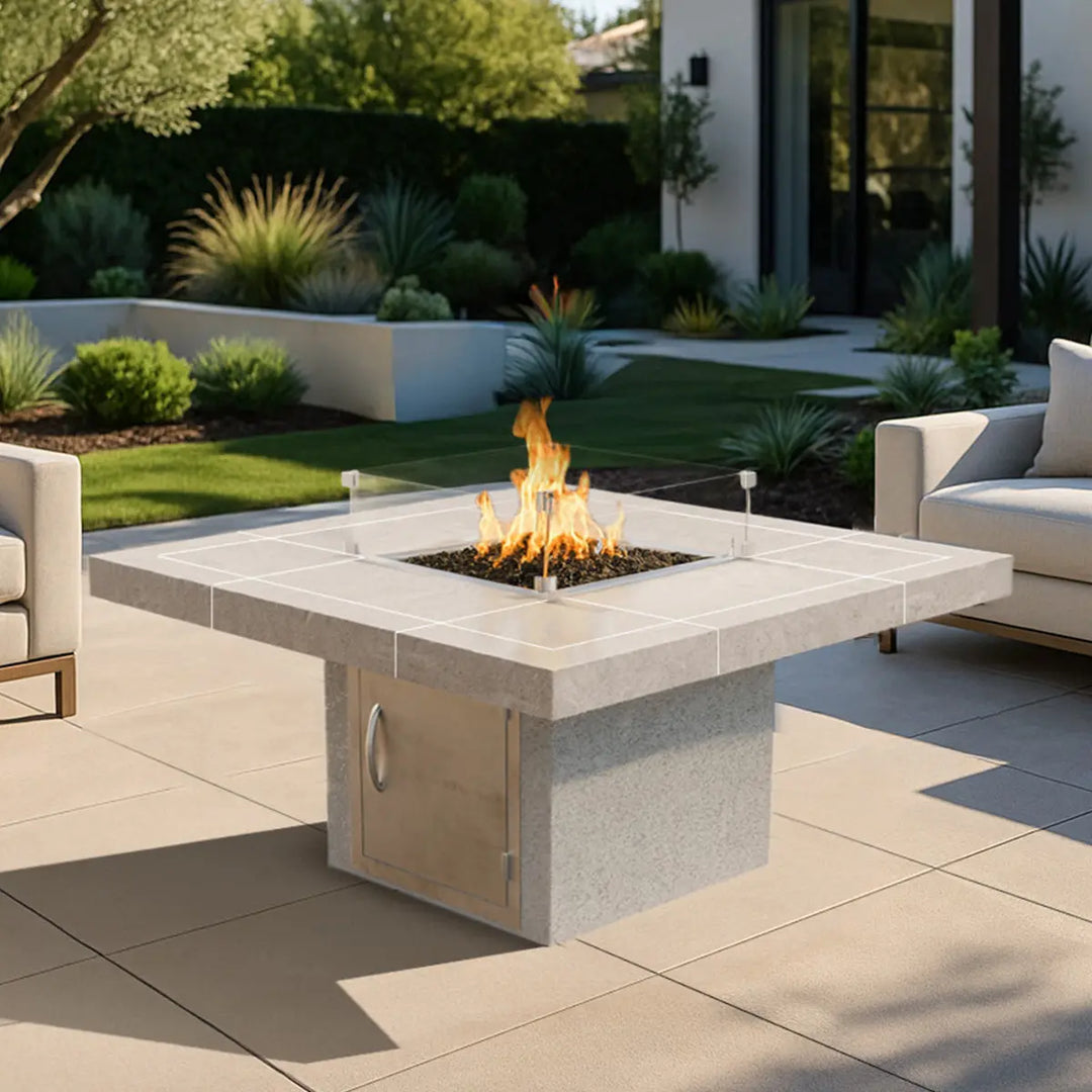 Cal Flame Sedona Fire Pit featuring refined porcelain tile top, sleek silhouette, and powerful burner producing up to 90,000 BTUs in a spacious 48" square footprint.