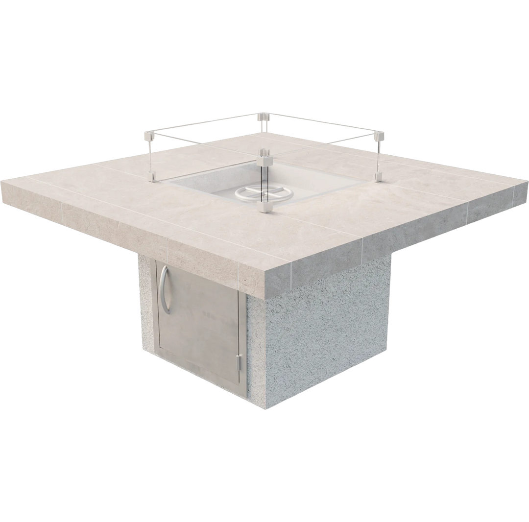 Cal Flame Sedona Fire Pit features a refined porcelain tile top and sleek base options, including Stucco, Cultured Stone, or Cal Faux Stone finishes, atop a 16-gauge galvanized steel frame with up to 90,000 BTUs of mesmerizing flame.