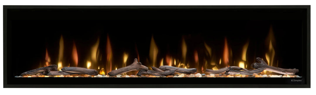 Dimplex 60" Ignite Evolve Built-in Electric Fireplace with Multi-Fire XD flame technology, frameless glass front, and customizable lighting options in black finish.