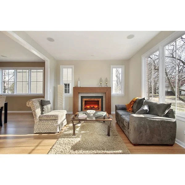 Amantii INS-FM-34 Electric Insert - Flush Mount electric fireplace insert featuring stunning gradient flame, traditional log set, and black steel surround for modern ambiance in existing fireplaces.