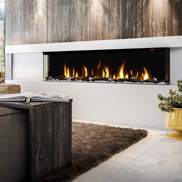 Dimplex IgniteXL Bold 74" Smart Linear Multi-Side View Built-In Electric Fireplace features a sleek design with four installation options, including corner and bay installations, and comes equipped with a supplemental heater, thermostatic settings, and customizable flame colors.