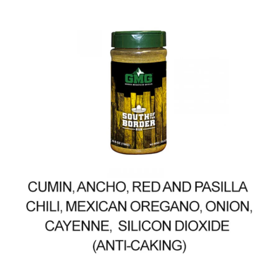 South of the Border Dry Rub: A smoky, mildly spicy blend of ancho, red, and pasilla chilies, cumin, oregano, onion, and cayenne, perfect for tacos, fajitas, grilled meats, and roasted vegetables.