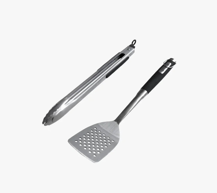 Monument Grills 2-Piece Tongs and Spatula Set: High-quality stainless steel BBQ tools featuring precision tongs with locking mechanism and ergonomic wide spatula for effortless grilling.