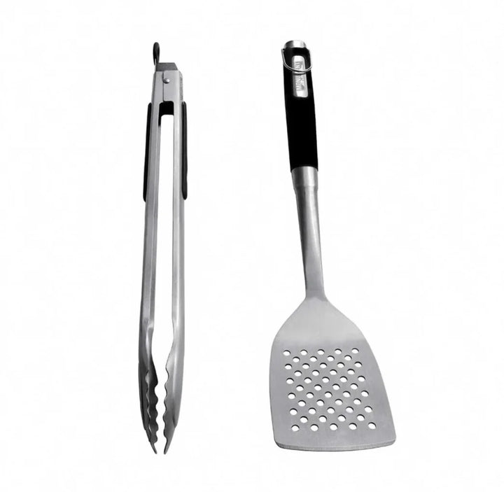 Monument Grills 2-Piece Tongs and Spatula Set - Premium stainless steel BBQ tools featuring ergonomic handles, locking tongs, and wide spatula head for effortless grilling.