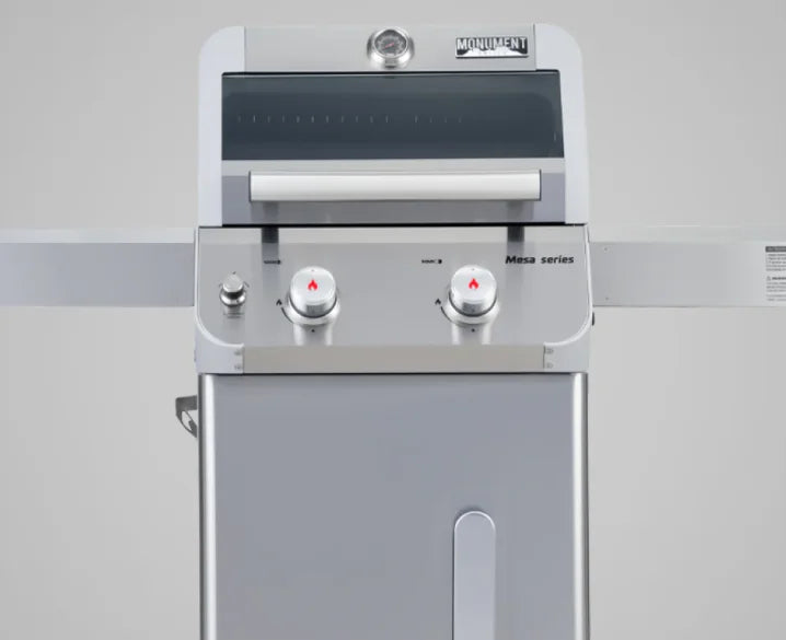 Monument Grills Mesa Series M200S Stainless Steel Gas Grill - Compact 2-burner propane grill for small spaces, featuring durable stainless steel construction, powerful 30,000 BTU output, and easy assembly.