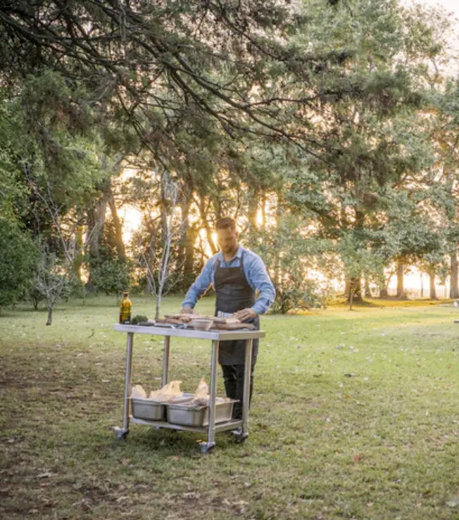 Tagwood Working Table - Stainless Steel, premium 304 stainless steel construction, 835 sq. in. prep area, mobile design with heavy-duty casters for outdoor kitchens or grilling setups.