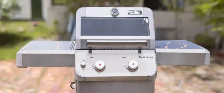 Monument Grills M200S Stainless Steel Gas Grill - Compact 2-Burner Design for Small Spaces, Featuring Durable Stainless Steel Construction, Powerful 30,000 BTU Output, and Easy Assembly.