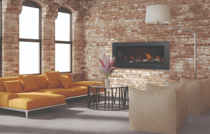 Sierra Flame Stanford 55" Direct Vent Linear Fireplace features a sleek contemporary design with large ceramic glass and black porcelain panels surrounding a modern linear burner for an expansive flame viewing area.