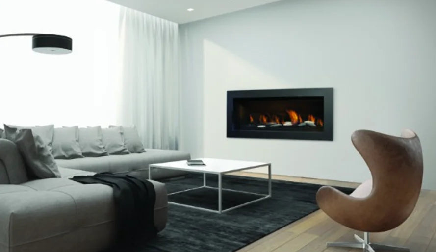 Sierra Flame Stanford 55" Direct Vent Linear Gas Fireplace, featuring contemporary black porcelain panels, black reflective glass, and 9 piece rock set, with electronic ignition, programmable thermostat remote, modulating valve, and dual fan control.
