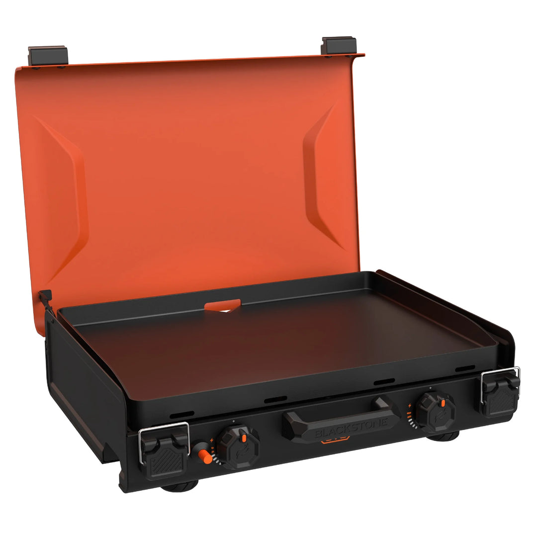 Blackstone OTG 20” Camping Griddle: Compact camping griddle with ceramic titanium-coated plate, dual heat zones, leveling feet, and plunger piezo ignition for reliable outdoor cooking.