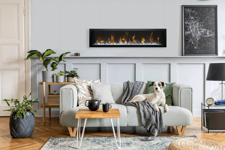 Remii WM-SLIM Smart Electric Fireplace-65"" - Sleek, modern design with realistic flames in 11 multi-colors, WiFi controls, and remote operation for year-round use in commercial or residential spaces.