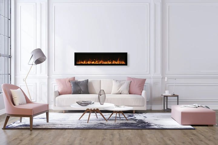 Amantii Symmetry Xtra Slim Smart Electric Fireplace features sleek design, vibrant multi-colored flame display, and Wi-Fi connectivity for remote control from smartphone.