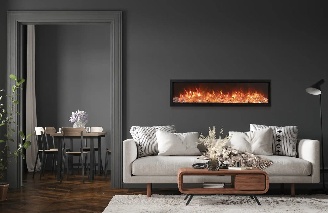 Amantii Symmetry Bespoke Xtra Tall Smart Electric Fireplace featuring a grand, tall design with vibrant multi-colored flames, customizable media options, and ambient canopy lighting for a truly immersive experience.