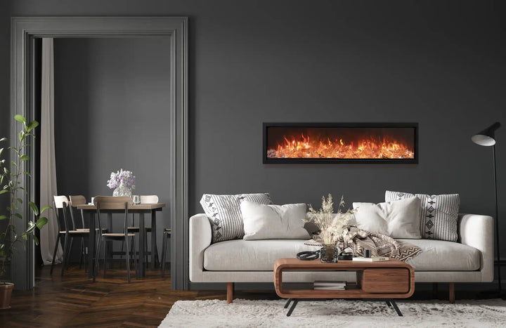 Amantii Symmetry Bespoke Xtra Tall Smart Electric Fireplace featuring a grand, tall design with vibrant multi-colored flames, customizable media options, and ambient canopy lighting for a truly immersive experience.