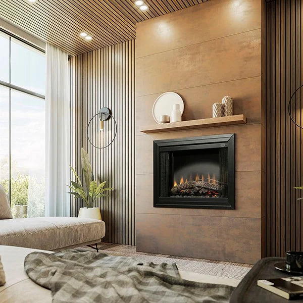Dimplex 39" Standard Built-In Electric Fireplace Brick Effect features patented realistic flame effect, manual switches for heater and flames, and fan-forced heating up to 400 sq. ft.