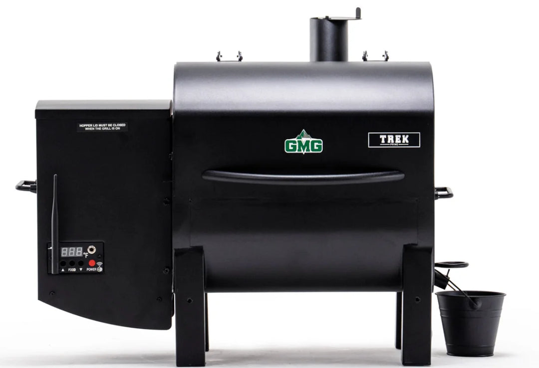 TREK PRIME 2.0 WiFi Smart Pellet Grill features compact design, 12-volt direct power, hybrid chamber, and wood-fired pizza oven attachment for portable and precise cooking.