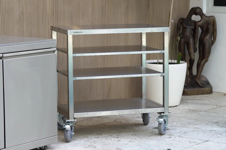 Tagwood Working Table - Stainless Steel features a durable premium 304 stainless steel construction, providing 835 sq. in. of spacious prep area for grilling essentials, with smooth-rolling casters and a sturdy worktop counter.