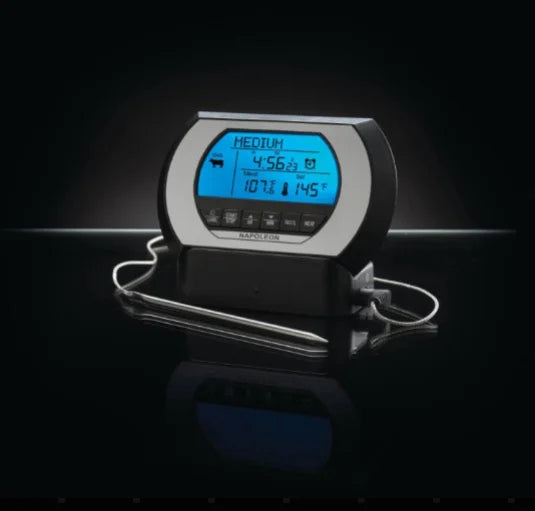 Napoleon Wireless Digital Thermometer featuring stainless steel probe with braided wire connection for reliable high-heat performance, removable digital display with language options, wireless monitoring up to 200 feet.