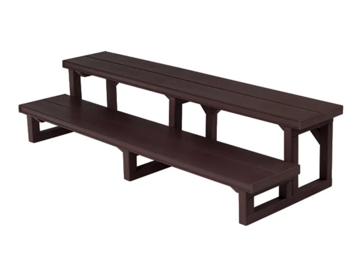 Durable Cal Metro™/Cal Select™ 2-Tier Spa Steps in Mahogany, Smoke or Mist finishes, designed for safe hot tub entry with synthetic treads and rigid metal frame.
