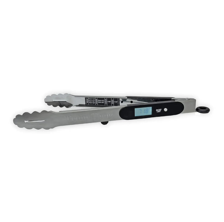 TempTong Tongs Plus Thermometer - Durable stainless steel BBQ tool with integrated thermometer and tongs, featuring LED back-lit digital display and retractable probe for accurate temperature readings.