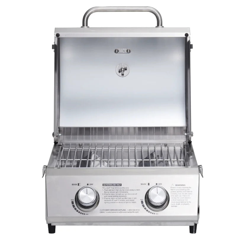 Monument Grills Classic Series 13742 2-Burner Tabletop Gas Grill - Durable stainless-steel construction, compact design for patios or camping trips, two burners delivering 15,000 BTUs of heat and 207 sq. in. cooking area.