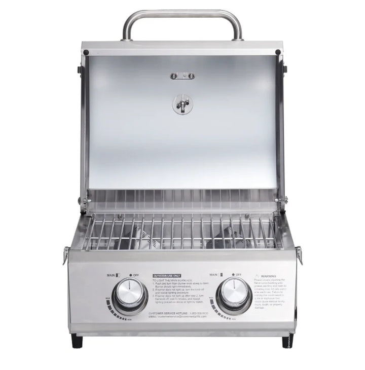 Monument Grills Classic Series 13742 2-Burner Tabletop Gas Grill - Durable stainless-steel construction, compact design for patios or camping trips, two burners delivering 15,000 BTUs of heat and 207 sq. in. cooking area.
