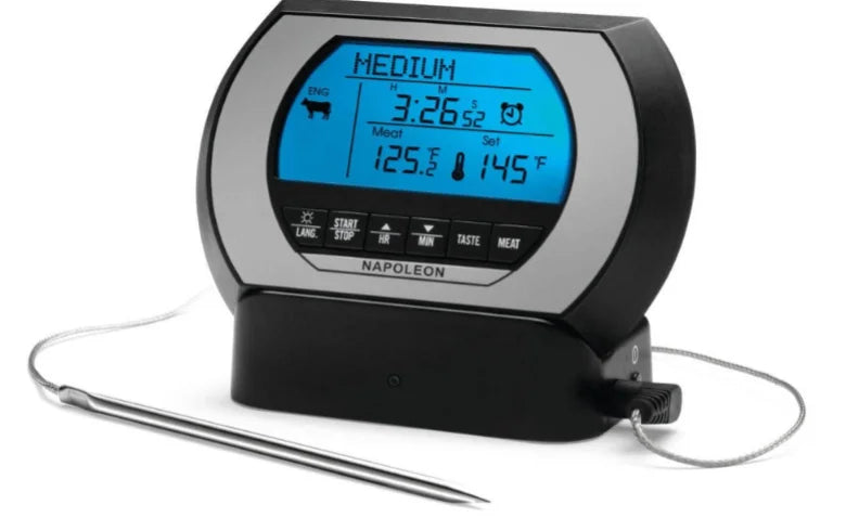 Napoleon Wireless Digital Thermometer, featuring a durable stainless steel probe connected to a removable digital display with braided wire, enabling wireless monitoring up to 200 feet.