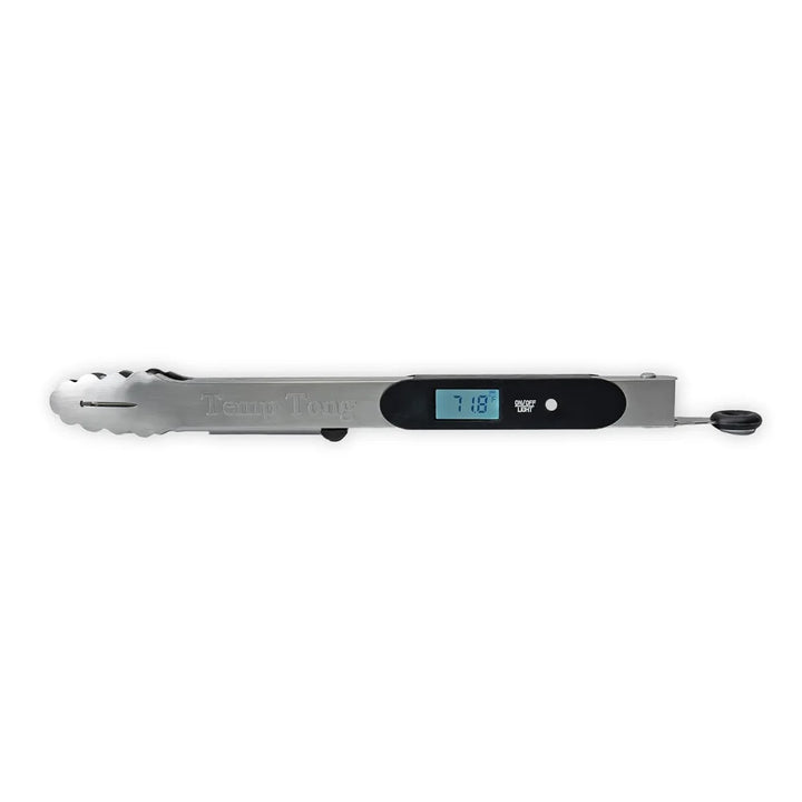 TempTong Tongs Plus Thermometer - Stainless Steel BBQ Tool: A dual-function grilling essential featuring a retractable thermometer probe, LED back-lit digital display, and durable stainless steel tongs with silicone grip.