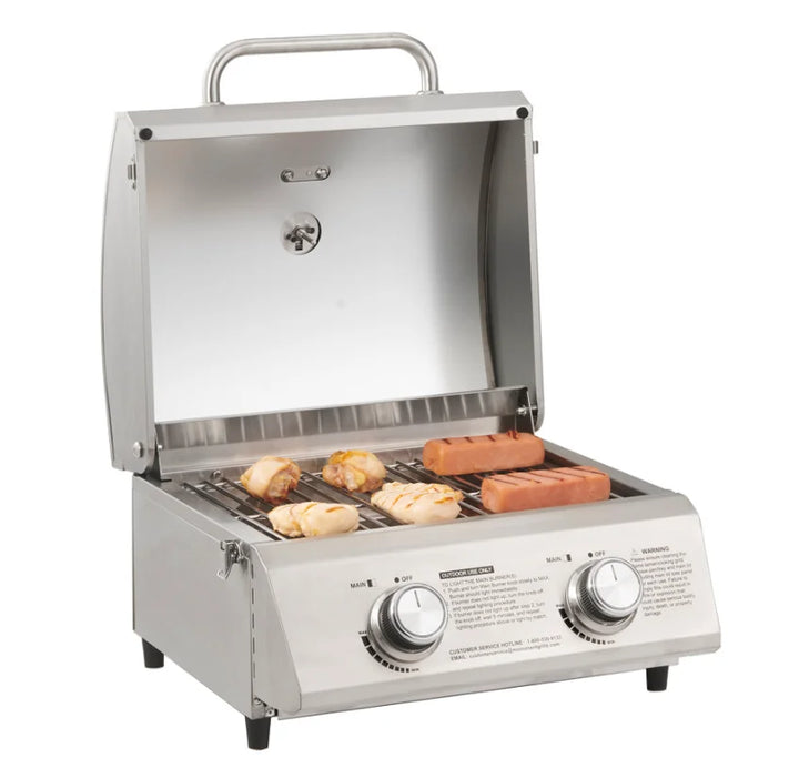 Monument Grills "13742" 2-Burner Tabletop Gas Grill - Classic Series: Compact stainless steel grill for patios, balconies, camping trips and RV adventures, featuring two burners with 15,000 BTUs, 207 sq in of cooking space and electronic push-button ignition.