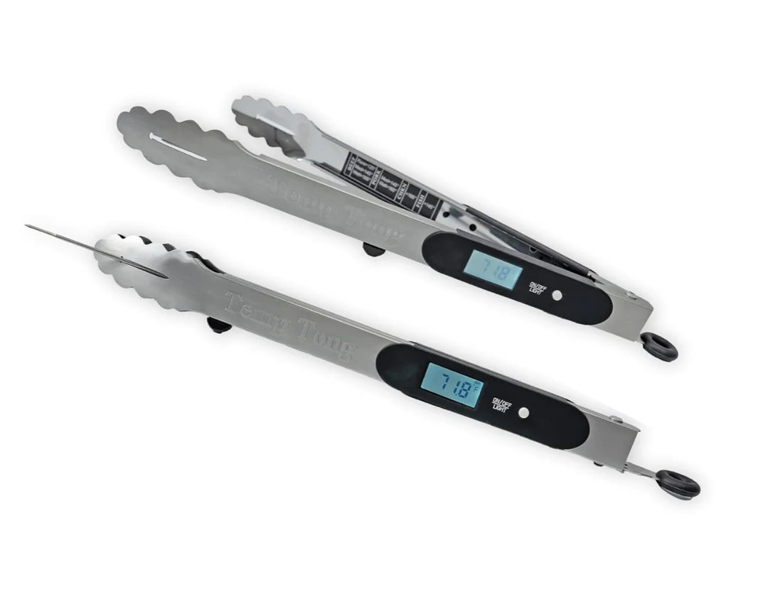 TempTong Tongs Plus Thermometer - Stainless Steel BBQ Tool featuring durable stainless steel tongs and built-in thermometer with LED display for precise temperature control.