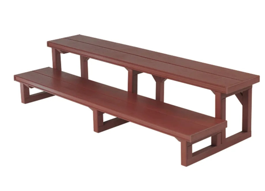 Durable 2-tier Cal Metro™ / Cal Select™ Spa Steps for safe hot tub access, featuring synthetic treads and rigid metal frame in Mahogany, Smoke, or Mist finishes.