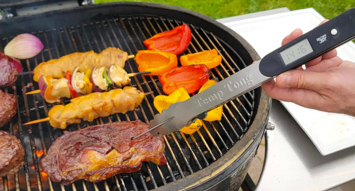 TempTong Tongs Plus Thermometer - Stainless Steel BBQ Tool features LED back-lit digital display, retractable probe, and automatic shut-off for precise temperature control in one sleek stainless steel design with silicone grip.