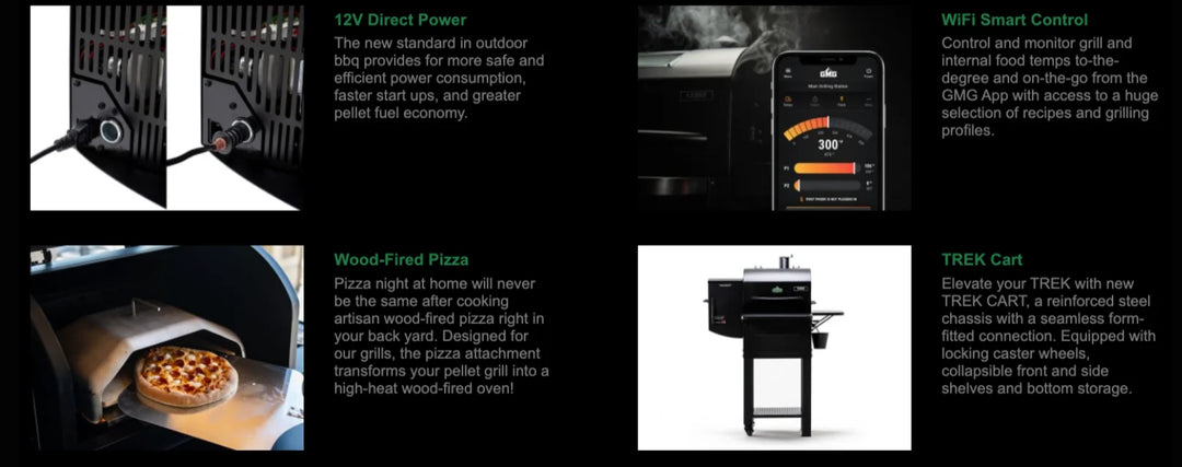 TREK PRIME 2.0 WiFi Smart Pellet Grill image showcasing its compact design, rugged construction, and advanced features such as WiFi control and hybrid chamber for optimal smoke circulation.
