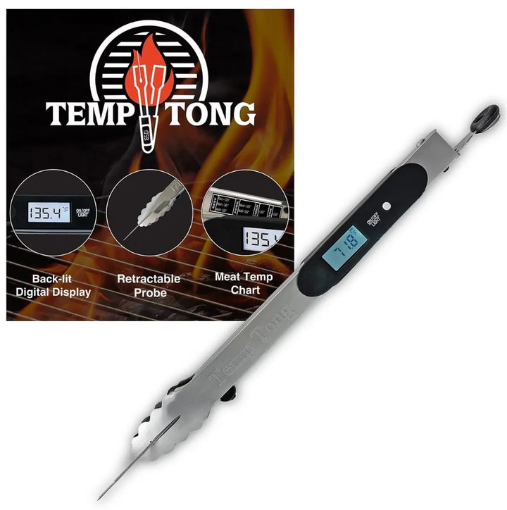 TempTong Tongs Plus Thermometer - Durable Stainless Steel BBQ Tool with Integrated Thermometer, LED Display, and Retractable Probe for Accurate Temperature Readings.