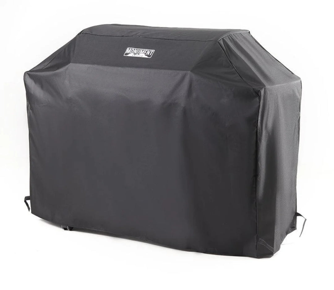 Monument Grills Medium 54-Inch Grill Cover for Classic Series and Mesa 400, designed to fit Monument grills with a durable nylon and PVC blend, adjustable Velcro straps, and all-weather protection against rain, dust, snow, and UV exposure.