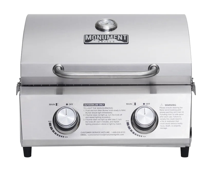 Monument Grills Classic Series 2-Burner Tabletop Gas Grill - Stainless Steel Construction, Compact Design, Dual Burners with 15,000 BTU Output and 207 sq. in. Cooking Area.