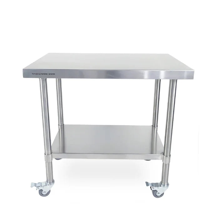 Tagwood Working Table - Stainless Steel, crafted from durable 304 stainless steel for strength and outdoor durability, features an expansive 835 sq. in. prep area, smooth-rolling casters, and sturdy worktop counter ideal for outdoor kitchens or grilling setups.