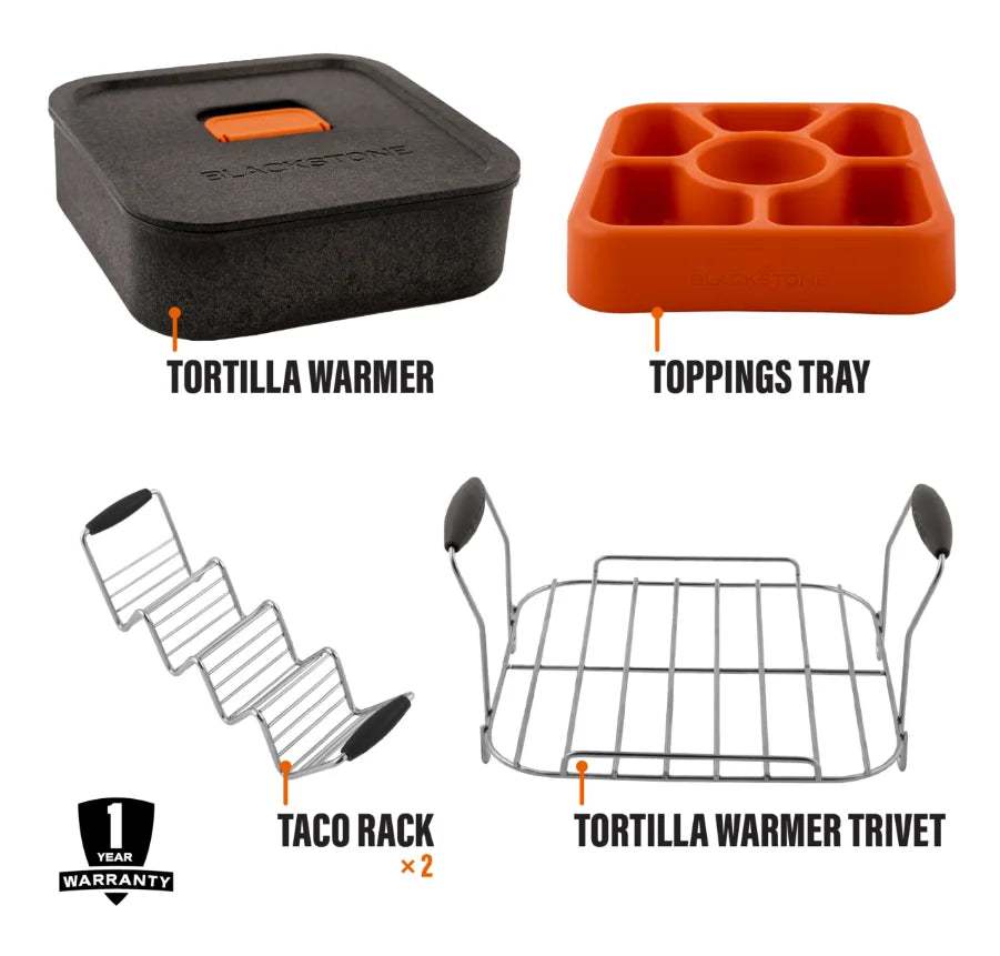 Blackstone Taco Kit: Complete taco serving kit for effortless assembly and cleanup, featuring tortilla warmer trivet, warmer, toppings tray, and wire taco racks.