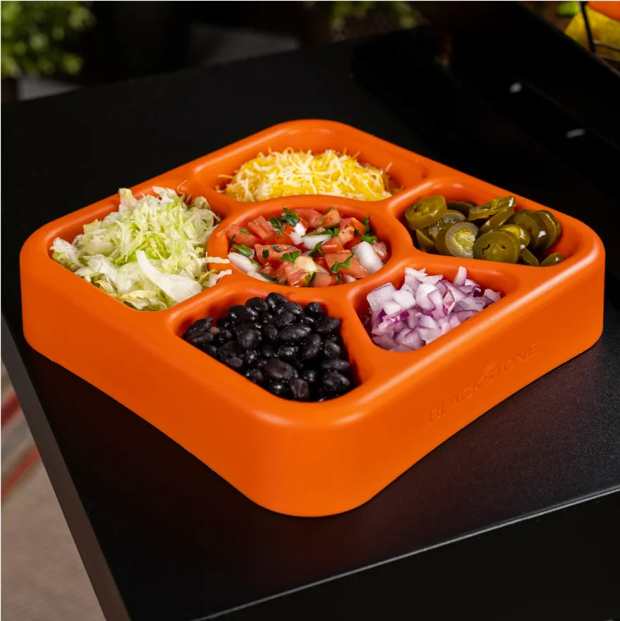 Blackstone Taco Kit: Complete taco serving kit includes tortilla warmer trivet, toppings tray, and wire taco racks for easy assembly and cleanup.