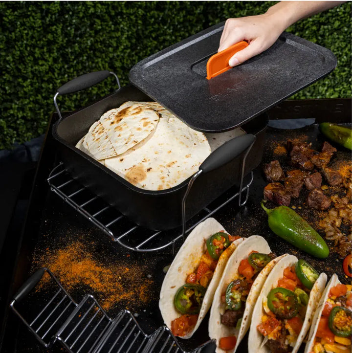 Blackstone Taco Kit: Complete taco serving kit with tortilla warmer trivet, toppings tray, wire taco racks, and dishwasher-safe design for effortless assembly and cleanup.